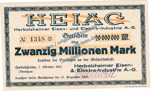 Herbolzheim , Banknote 20 Millionen Mark Schein in kfr. Keller 2323.a , Baden 1923 Grossnotgeld - Inflation