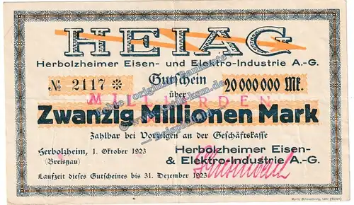 Herbolzheim , Banknote 20 Milliarden Mark Schein in gbr. Keller 2323.b , Baden 1923 Grossnotgeld - Inflation