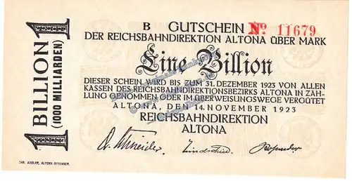 Altona , Banknote 1 Billion Mark Schein in kfr. Keller 80.p , Schleswig Holstein 1923 Grossnotgeld - Inflation