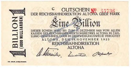 Altona , Banknote 1 Billion Mark Schein in kfr. Keller 80.p , Schleswig Holstein 1923 Grossnotgeld - Inflation