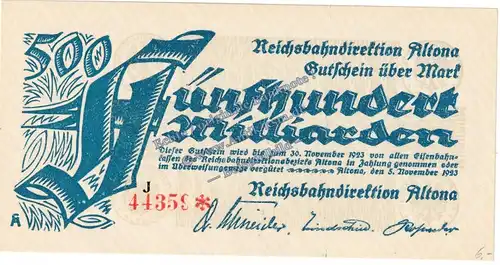 Altona , Banknote 500 Milliarden Mark Schein in kfr. Keller 80.n , Schleswig Holstein 1923 Grossnotgeld - Inflation