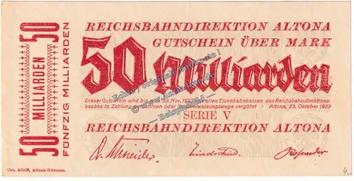 Altona , Banknote 50 Milliarden Mark Schein in L-gbr. Keller 80.k , Schleswig Holstein 1923 Grossnotgeld - Inflation