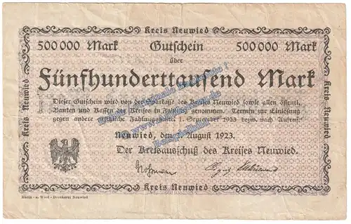 Neuwied , Banknote 500.000 Mark Schein in gbr. Keller 3903.n , Rheinland 1923 Grossnotgeld - Inflation
