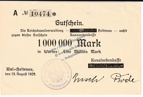 Kiel Holtenau , Banknote 1 Million Mark Schein in kfr. Keller 2640.b , Schleswig 1923 Grossnotgeld - Inflation