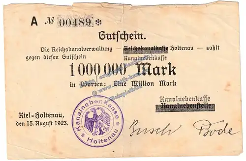 Kiel Holtenau , Banknote 1 Million Mark Schein in gbr. Keller 2640.b , Schleswig 1923 Grossnotgeld - Inflation