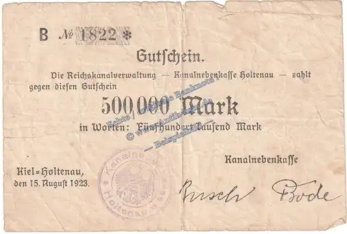 Kiel Holtenau , Banknote 500.000 Mark Schein in gbr. Keller 2640.a , Schleswig 1923 Grossnotgeld - Inflation