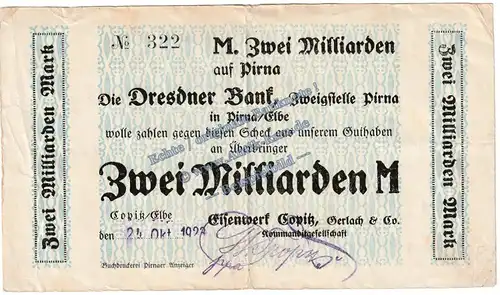 Copitz , Banknote 2 Milliarden Mark Schein in gbr. Keller nicht geführt , Sachsen 1923 Grossnotgeld - Inflation