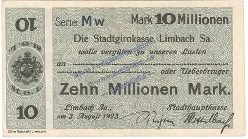 Limbach , Banknote 10 Millionen Mark Schein in gbr. Keller 3272.d , Sachsen 1923 Grossnotgeld - Inflation