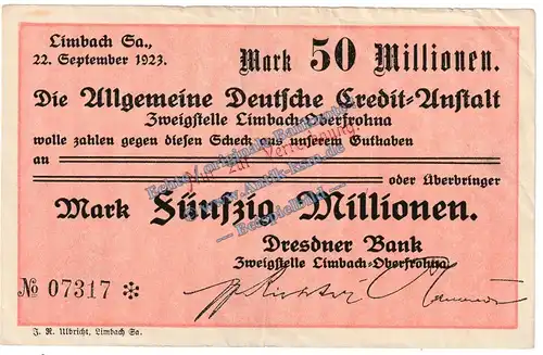 Limbach , Banknote 50 Millionen Mark Schein in gbr. Keller 3274.II.n , Sachsen 1923 Grossnotgeld - Inflation