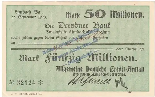 Limbach , Banknote 50 Millionen Mark Schein in kfr. Keller 3274.II.n , Sachsen 1923 Grossnotgeld - Inflation