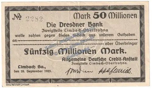 Limbach , Banknote 50 Millionen Mark Schein in gbr. Keller 3274.II.o , Sachsen 1923 Grossnotgeld - Inflation