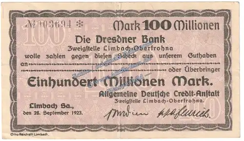 Limbach , Banknote 100 Millionen Mark Schein in gbr. Keller 3274.II.o , Sachsen 1923 Grossnotgeld - Inflation