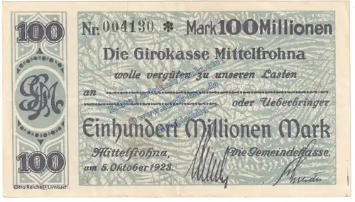 Mittelfrohna , Banknote 100 Millionen Mark Schein in gbr. Keller 3577.II.b , Sachsen 1923 Grossnotgeld - Inflation