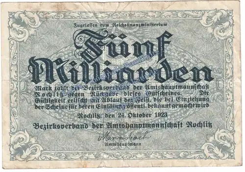 Rochlitz , Banknote 5 Milliarden Mark Schein in gbr. Keller 4591.II.e , Sachsen 1923 Grossnotgeld - Inflation