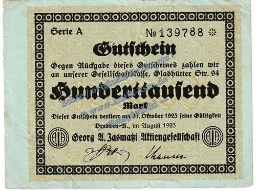 Dresden , Banknote 100.000 Mark -Jasmatzi- in gbr. Keller 1093.a , Sachsen 1923 Grossnotgeld - Inflation