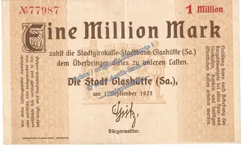 Glashütte , Banknote 1 Million Mark Schein in gbr. Keller 1793.b , Sachsen 1923 Grossnotgeld - Inflation