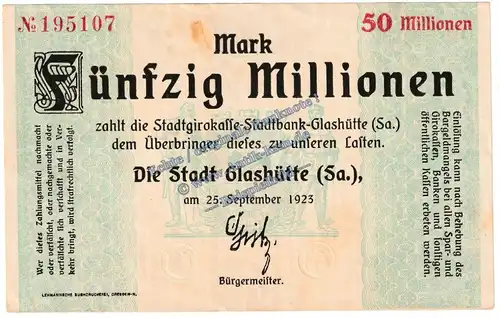 Glashütte , Banknote 50 Millionen Mark Schein in gbr. Keller 1793.f , Sachsen 1923 Grossnotgeld - Inflation