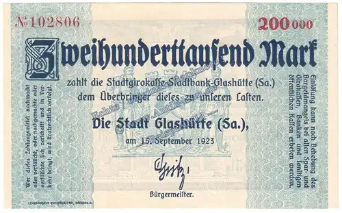 Glashütte , Banknote 200.000 Mark Schein in kfr. Keller 1793.d , Sachsen 1923 Grossnotgeld - Inflation
