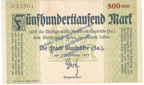 Glashütte , Banknote 500.000 Mark Schein in gbr. Keller 1793.b , Sachsen 1923 Grossnotgeld - Inflation