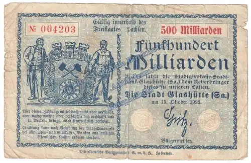 Glashütte , Banknote 500 Milliarden Mark Schein in gbr. Keller 1793.h , Sachsen 1923 Grossnotgeld - Inflation