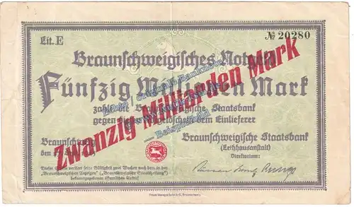 Braunschweig , Banknote 20 Milliarden Mark Schein in gbr. Keller 568.f , Niedersachsen 1923 Grossnotgeld - Inflation