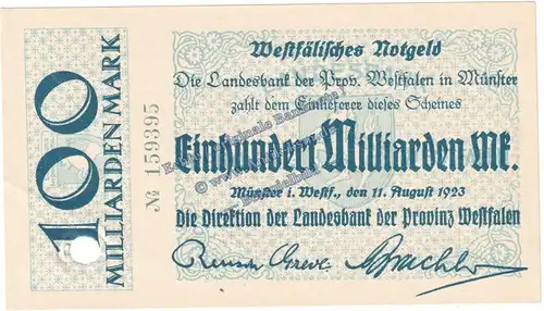 Münster , Banknote 100 Milliarden Mark Schein in kfr.E , Keller 5582.e , Westfalen 1923 Grossnotgeld - Inflation