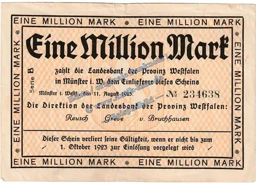 Münster , Banknote 1 Million Mark Schein in gbr. Keller 5582.a , Westfalen 1923 Grossnotgeld - Inflation