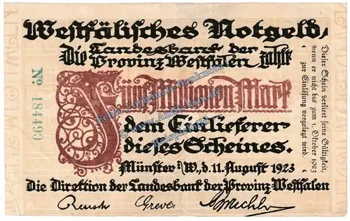 Münster , Banknote 5 Millionen Mark Schein in gbr. Keller 5582.a , Westfalen 1923 Grossnotgeld - Inflation