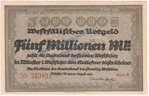 Münster , Banknote 5 Millionen Mark Schein in kfr. Keller 5582.L , Westfalen 1923 Grossnotgeld - Inflation