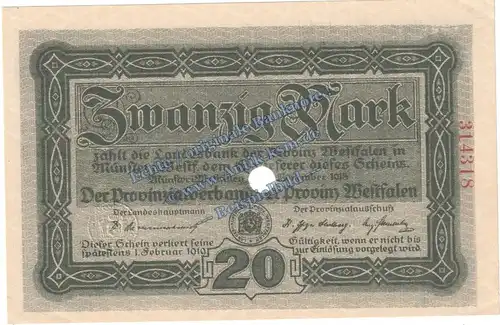 Münster , Banknote 20 Mark Schein in kfr.E , Geiger 549.03 Westfalen 1918 Grossnotgeld