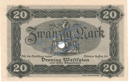 Münster , Banknote 20 Mark Schein in kfr.E , Geiger 549.03 Westfalen 1918 Grossnotgeld