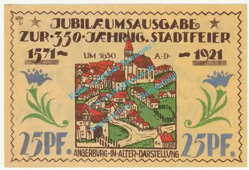 Angerburg , Notgeld 25 Pfennig -Fehldruck- in kfr. M-G 33.1.b , Ostpreussen 1921 Seriennotgeld