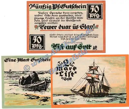 List -Sylt , Notgeld Set mit 3 Scheinen in kfr. M-G 806.1 Seriennotgeld 1921 Schleswig Holstein