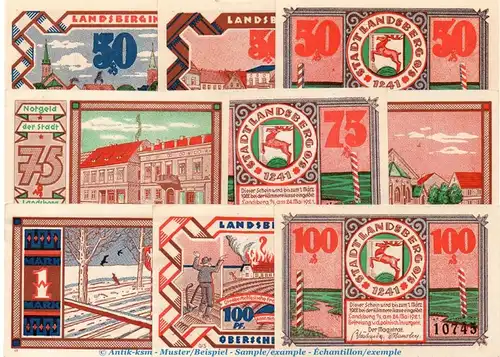 Notgeld Stadt Landsberg , Set -Mai- mit 9 Scheinen in kfr. von 1921 , Schlesien Seriennotgeld