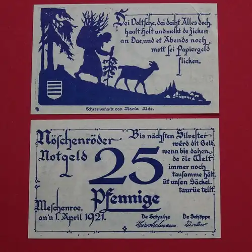 Notgeld Gemeinde Nöscherode , Papier blaugrau , Sachsen Anhalt , kompletter Satz mit 2 Scheinen in kassenfrischer Erhaltung , Seriennotgeld , 980.5 , von 1921