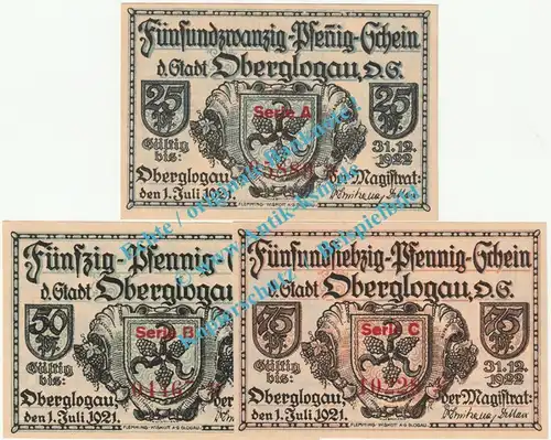 Oberglogau , Notgeld Set mit 3 Scheinen --KN und Serie-- in kfr. M-G 994.1.a , Oberschlesien 1921 Seriennotgeld