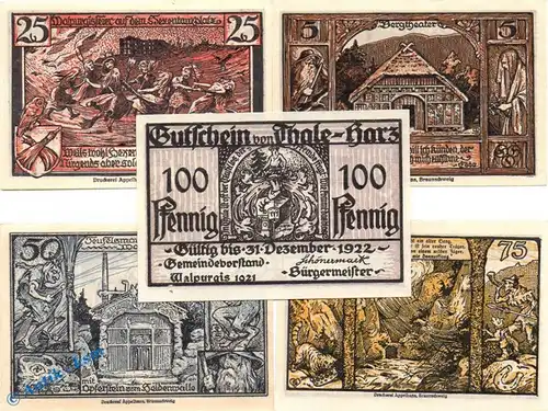 Notgeld Thale , Walpurgis , Set mit 5 Scheinen in kfr. Mehl Grabowski 1320.4 , von 1921 , Sachsen Anhalt Seriennotgeld