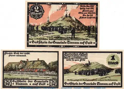 Notgeld Gemeinde Tinnum Sylt 1326.1 , Set mit 3 Schein in kfr. von 1921 , Schleswig Holstein Seriennotgeld