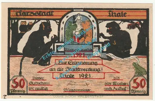 Thale , Notgeld 50 Pfennig -Kuhrhaus mit T- in kfr. M-G 1320.13.a , Sachsen Anhalt 1921 Seriennotgeld