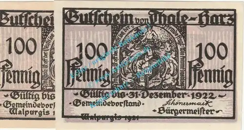 Thale , Notgeld 100 Pfennig -Zeilenabstand- in kfr. M-G 1320.4... Sachsen Anhalt 1921 Seriennotgeld