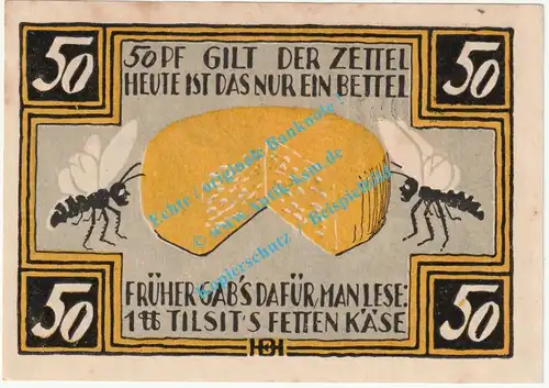 Tilsit , Notgeld 50 Pfennig --No vor KN-- in kfr. M-G 1324.1.c , Ostpreussen 1921 Seriennotgeld