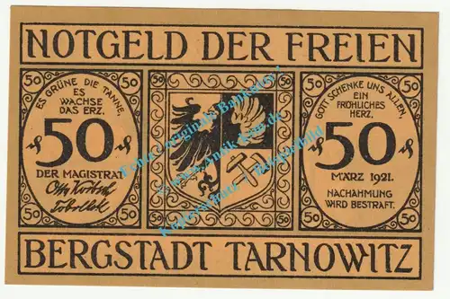 Tarnowitz , Notgeld 50 Pfennig --Serie KN-- in kfr. M-G 1312.2.b , Oberschlesien 1921 Seriennotgeld