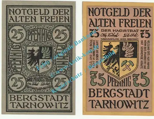 Tarnowitz , Notgeld Set mit 2 Scheinen --Serie KN-- in kfr. M-G 1312.1.b , Oberschlesien o.D. Seriennotgeld