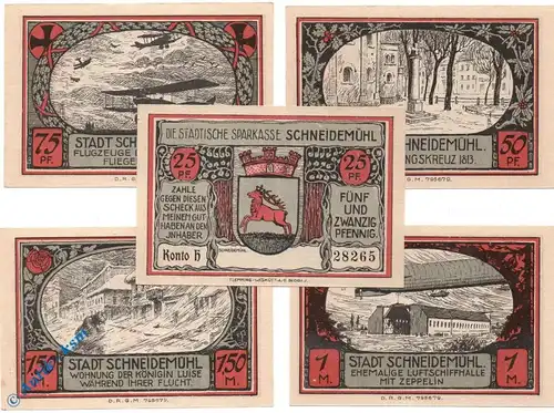 Notgeld Schneidemühl , Set mit 5 Scheinen rot , Mehl Grabowski 1191.2 B , Posen Serien Notgeld