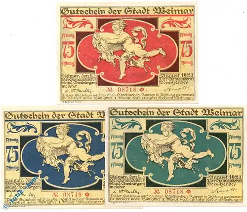 Notgeld Weimar , Set mit 3 Scheinen , Mehl Grabowski 1398.8 , von 1921 , Thüringen Seriennotgeld