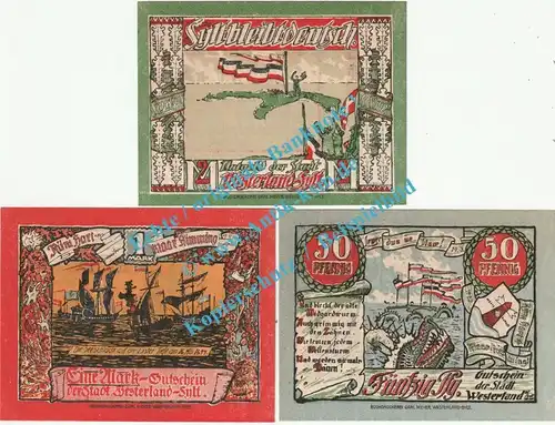 Westerland , Notgeld Set mit 3 Scheinen in kfr. M-G 1418.1.b , Schleswig Holstein 1920 Seriennotgeld