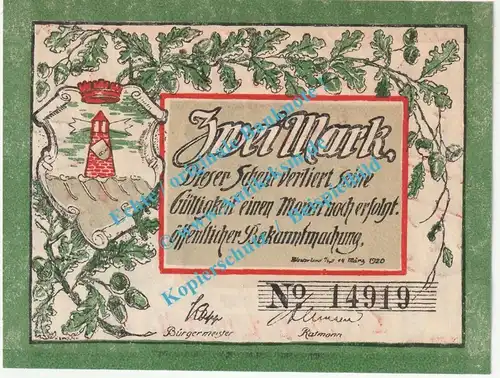 Westerland , Notgeld 2 Mark Schein in kfr. M-G 1418.1.b , Schleswig Holstein 1920 Seriennotgeld