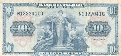 Banknote , 10 Mark Schein in gbr. BRD-4, Ros.258, P.16.a von 1949 , Kopfgeld - Bank Deutscher Länder