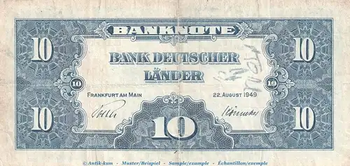 Banknote , 10 Mark Schein in gbr. BRD-4, Ros.258, P.16.a von 1949 , Kopfgeld - Bank Deutscher Länder