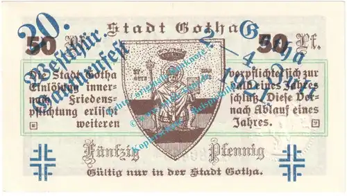 Gotha , Notgeld 50 Pfennig Nr.4 -Gauturnfest- in kfr. M-G 456.2.a , Thüringen 1921 Seriennotgeld